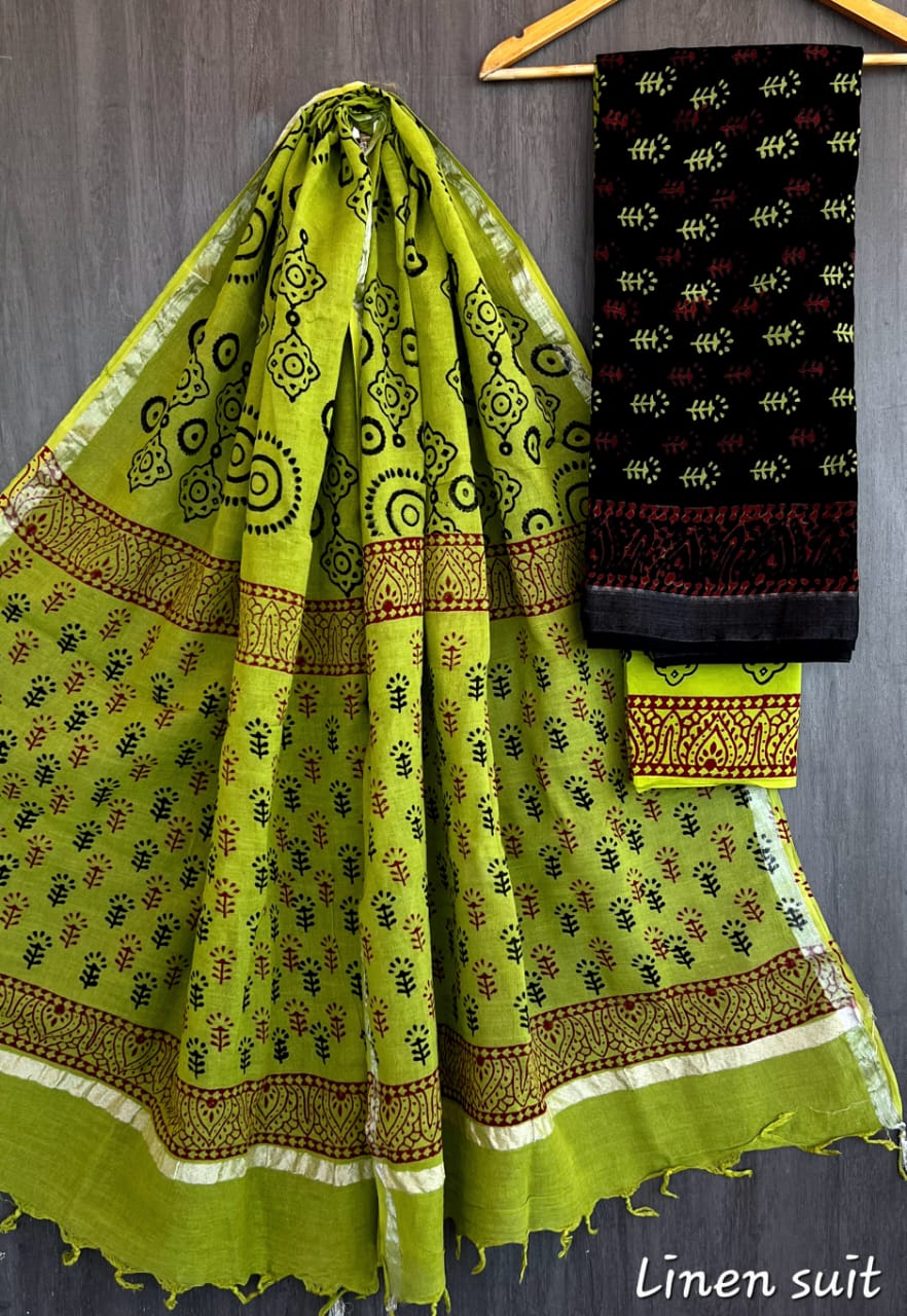 Gul | Hand Block Printed Linen Suit Set with Linen Cotton Dupatta