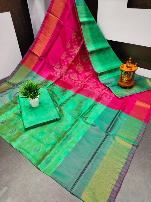 Saira | ikat design silk sarees - mediumspringgreen with pink