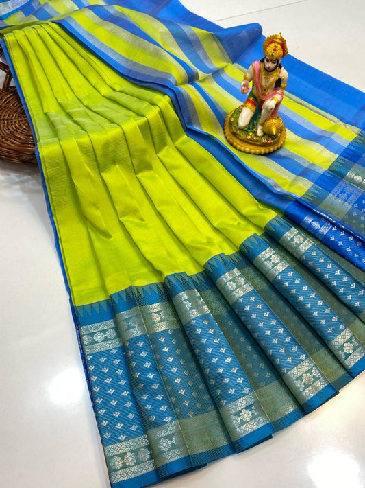 Mahika | MANGALAGIRI COTTON BY PATTU PLAIN BODY WITH BORDER BUTTA SAREES