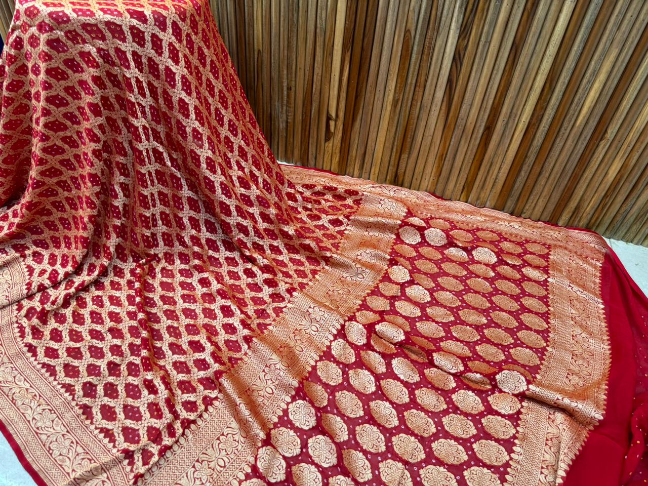 Laya | Pure Banarasi Georgette Neem Zari Bandhej Sarees