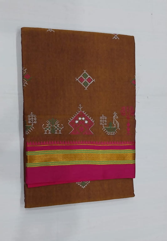 Abhilasha | Karnataka Kasuti work cotton saree in Saddlebrown color