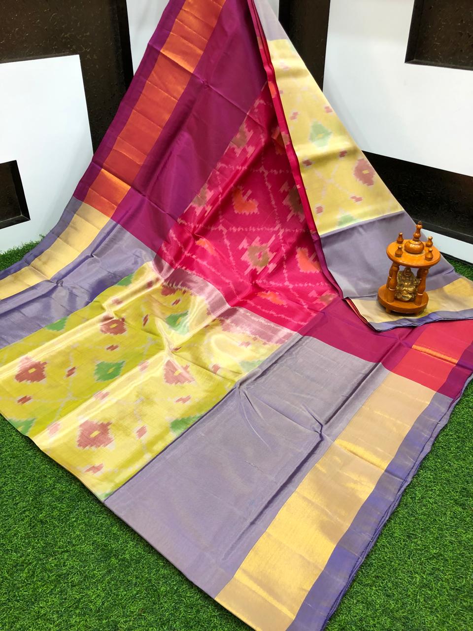 Saira | ikat design silk sarees - lightyellow & pink