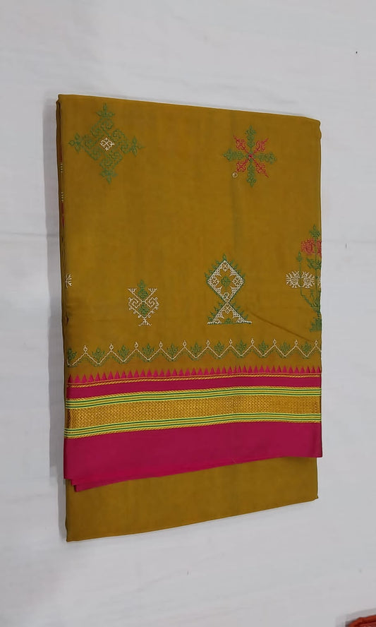 Veda | Karnataka Kasuti work cotton saree in olivedrab color