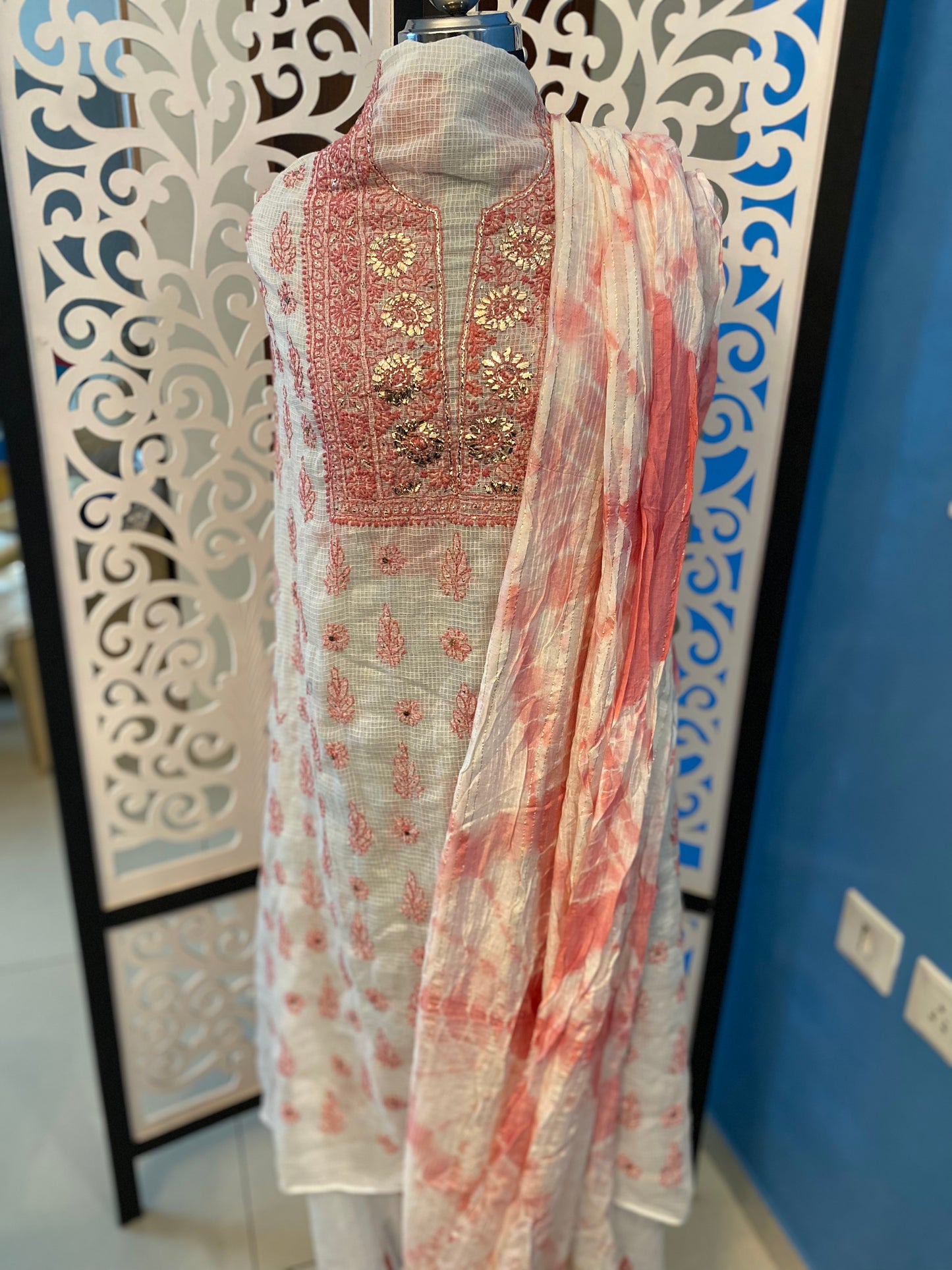 Chikankari on Kota doria with floral motifs with mukaish work