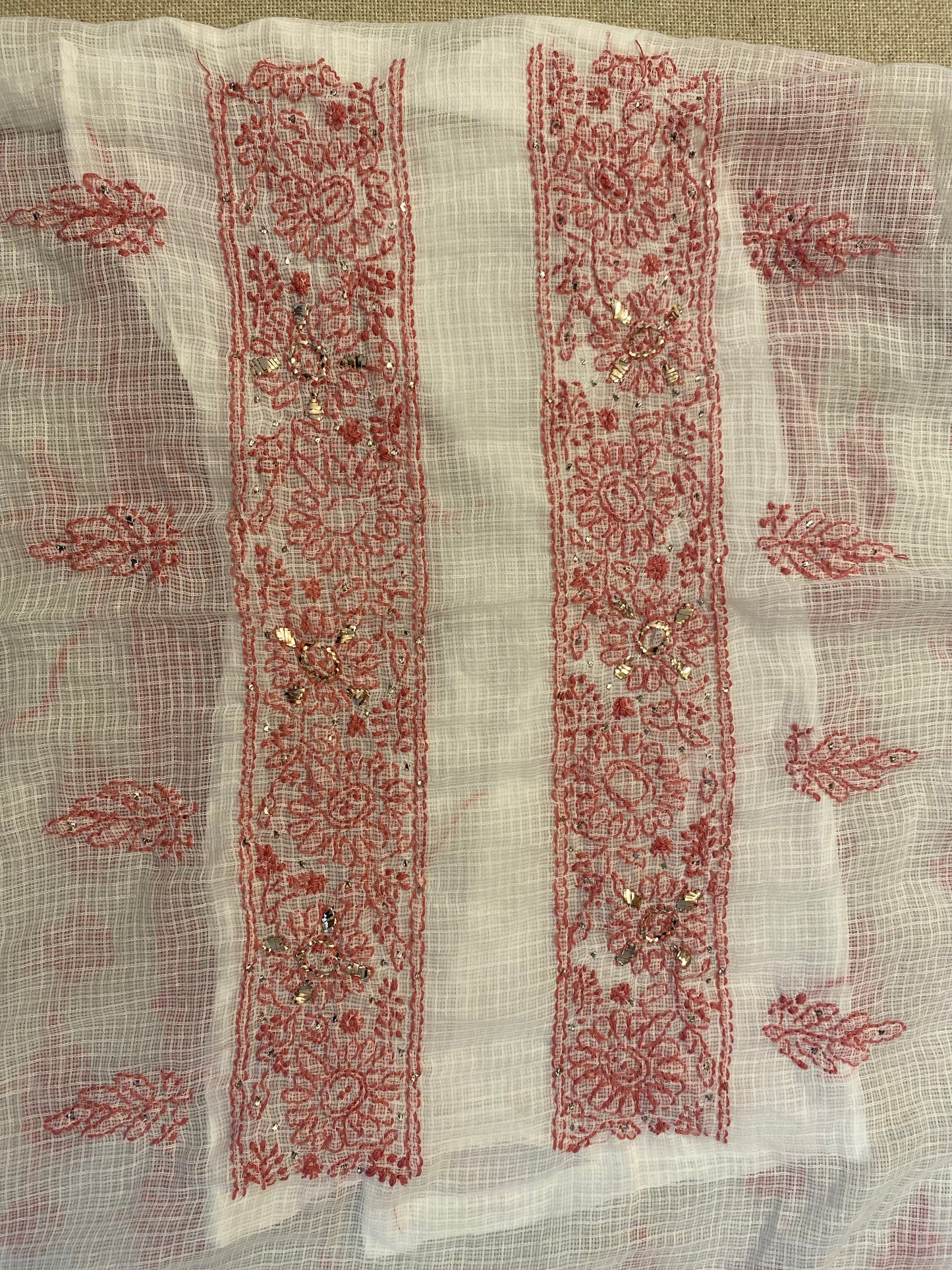 Chikankari on Kota doria with floral motifs with mukaish work