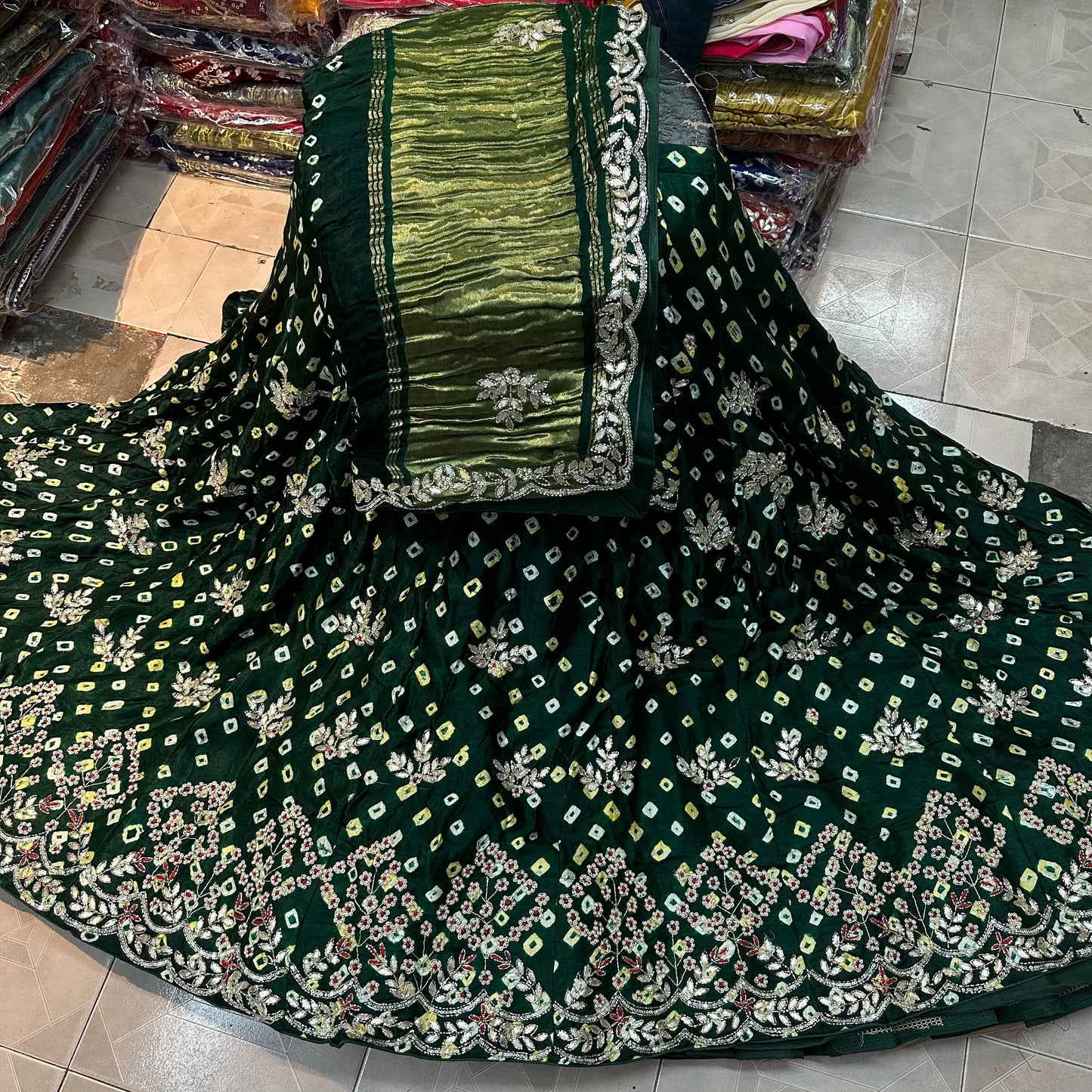 Bishik | gajji silk bandhej lehenga with gota patti work