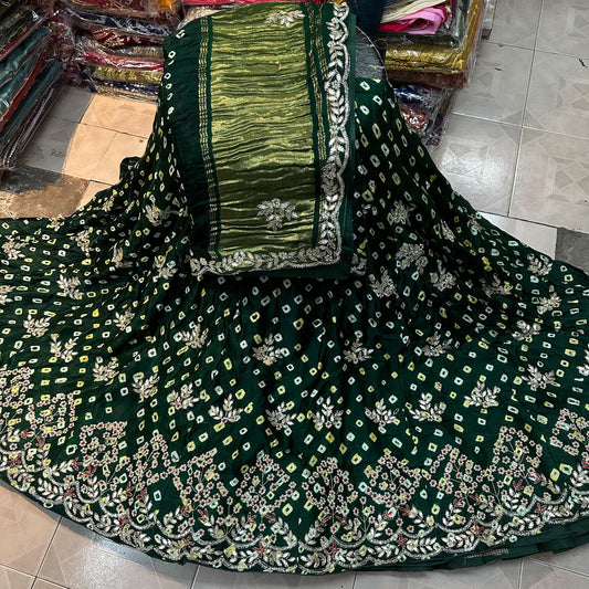 Bishik | gajji silk bandhej lehenga with gota patti work