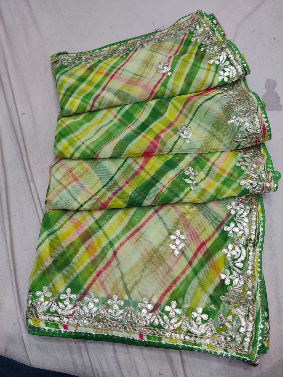 Basuri | lehariya chiffon saree with gota patti