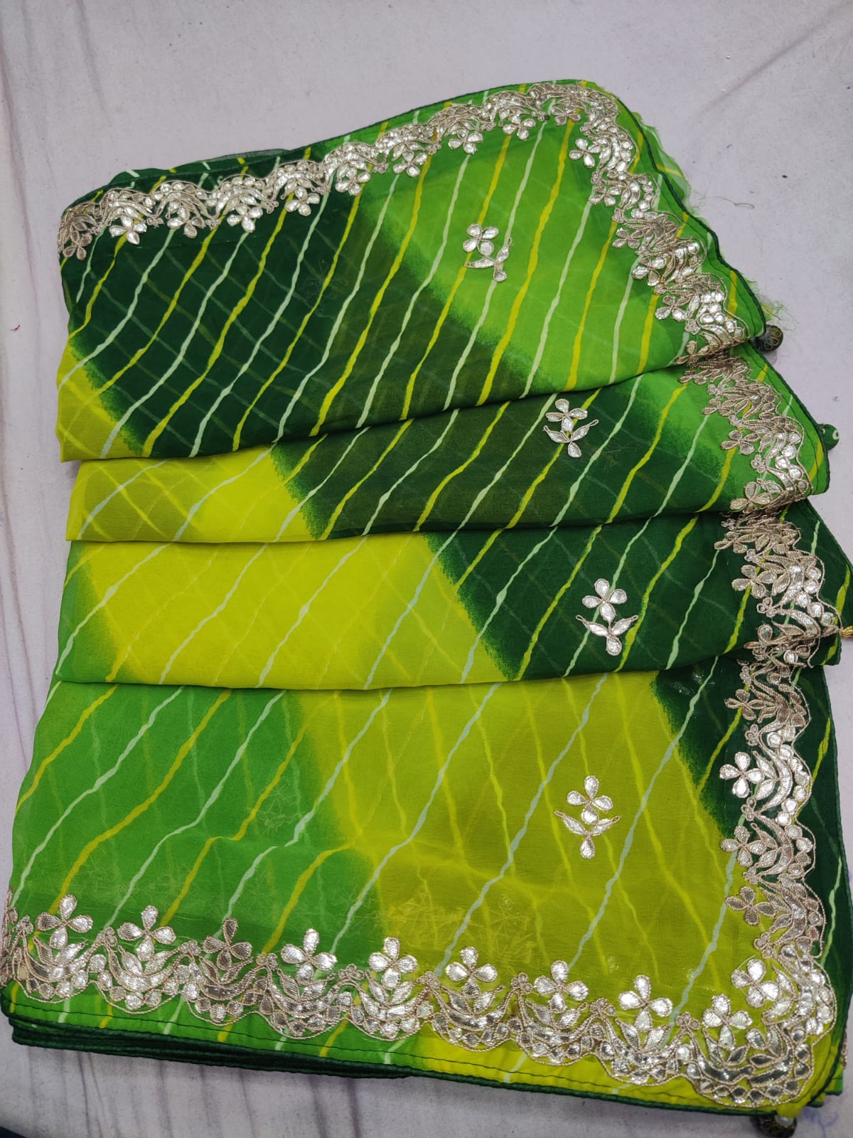 Bhanwari | lehariya chiffon saree with gota patti