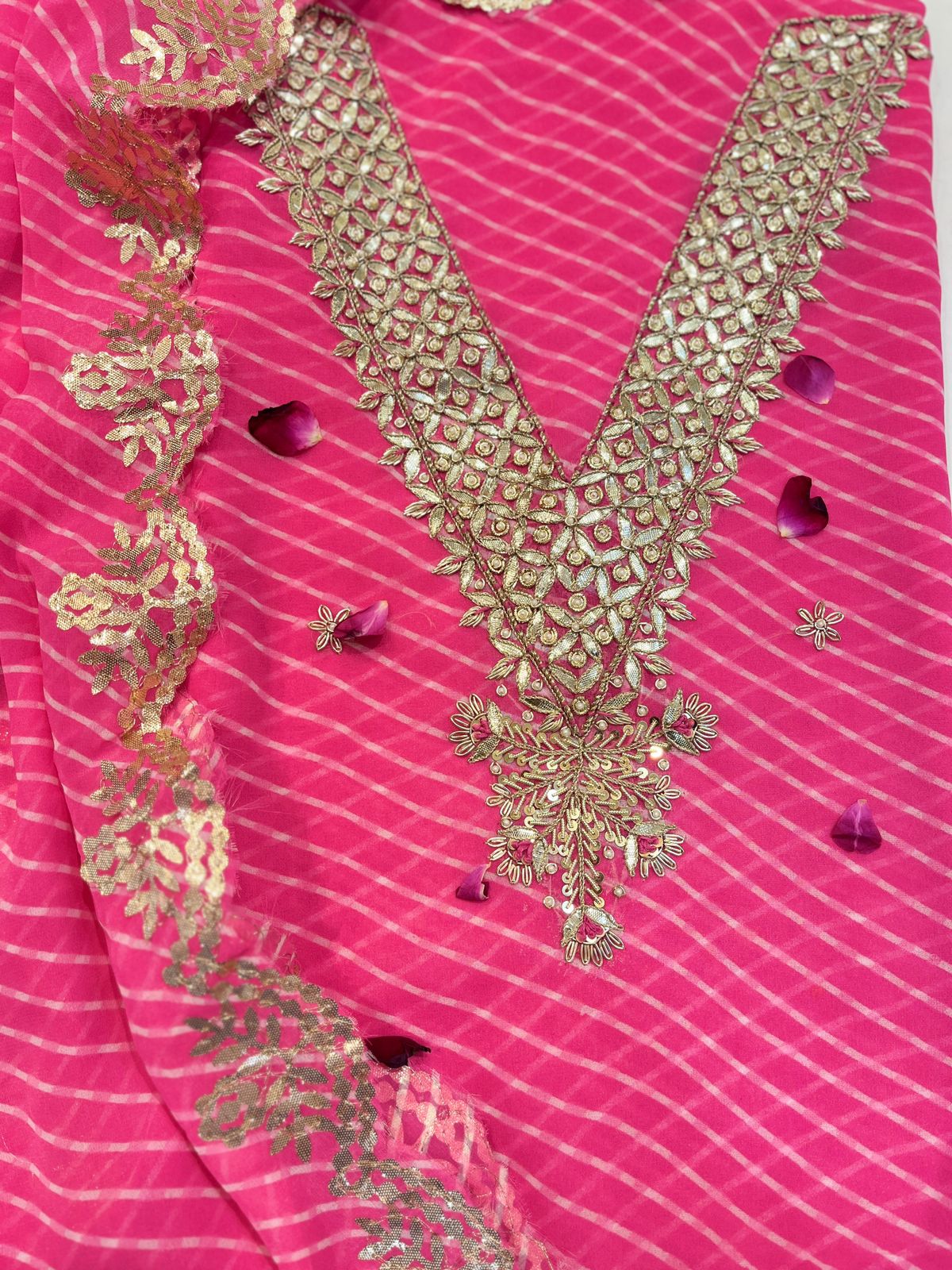 Saagar | zardosi & gota work on lehariya georgette dress fabric set