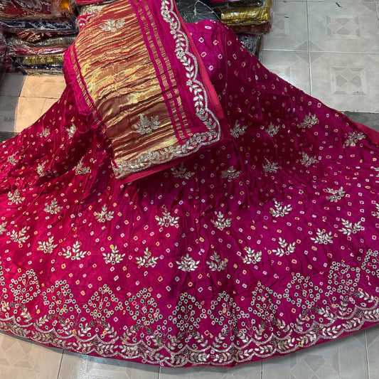 Bishka | gajji silk bandhej lehenga with gota patti work