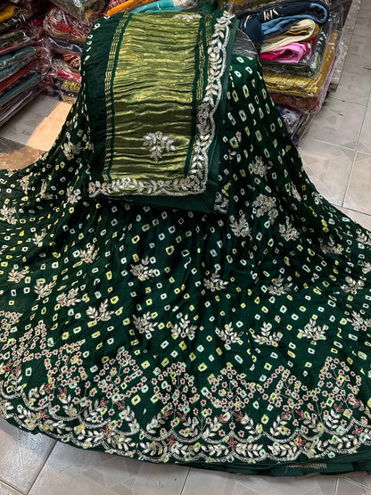 Bishik | gajji silk bandhej lehenga with gota patti work