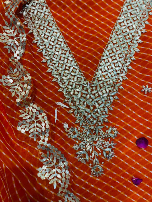 Saalika | zardosi & gota work on lehariya georgette dress fabric set