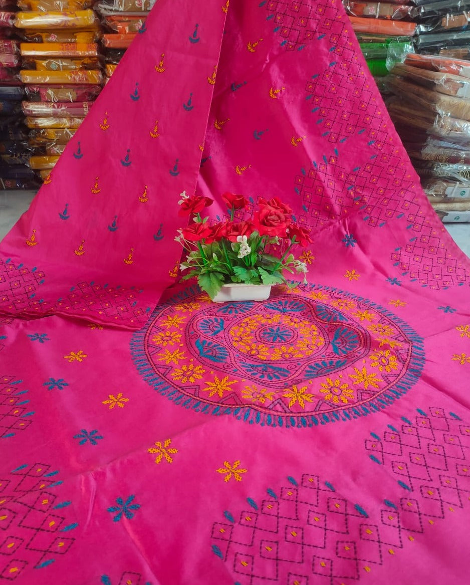 Black Colour Blended Silk Kantha Stitch Sarees